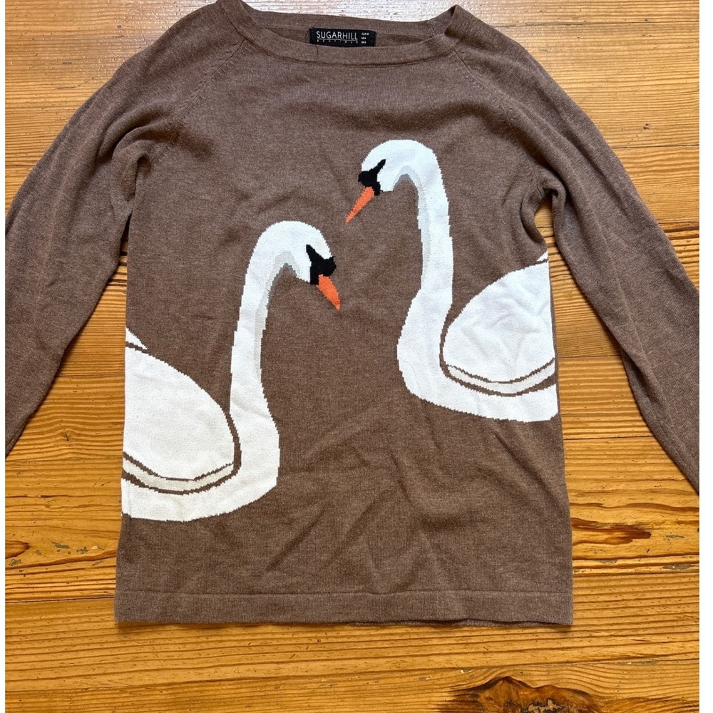 Sugarhill Boutique Swan Sweater Women Brown Excellent Cotton Intarsia SIZE 4 - Picture 2 of 6